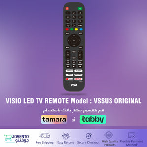 A VISIO LED TV remote control, model VSSU3, with a black color scheme, displayed against a purple background. The remote has various buttons including numeric keypad and volume controls.